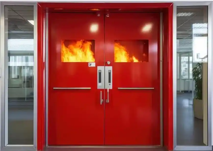 Close-up of a steel fire door with certified hardware